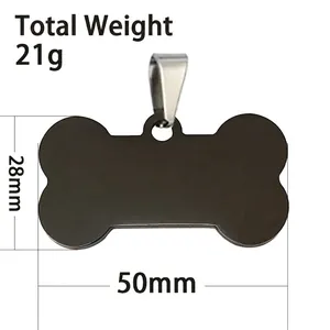 Matte black bone shaped pet ID tag made of stainless steel with silver split ring