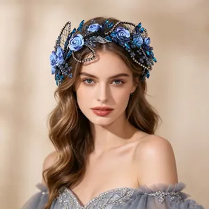 Vintage Blue Floral Bridal Headband Handmade Rhinestone Crystal Tiara Royal Style Wedding Banquet Hair Accessories For Women