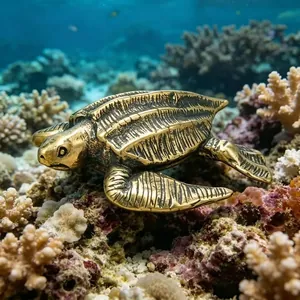 Detailed view of the solid brass turtle shell texture on an underwater coral reef
