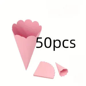 50pcs of pink wavy-edged wedding confetti cones including flat cards and assembled view