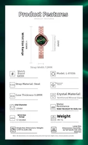Dimensions détaillées de la montre à quartz étanche avec cadran vert et bracelet acier