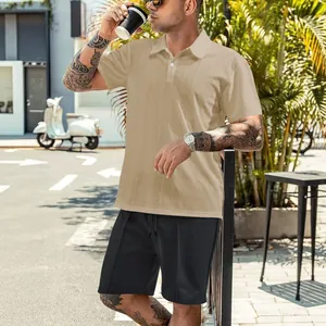 Men's summer khaki waffle texture polo shirt and black shorts casual two-piece set