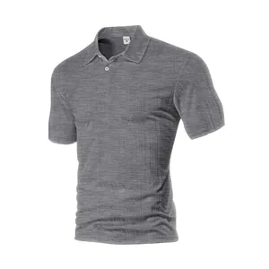 Men's grey short sleeve polo shirt with textured grid fabric and classic collar
