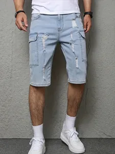 Pantaloncini di Denim Uomo Casual Ampi a Gamba Dritta Strappati Blu Chiaro Lavati in Misto Cotone Cargo per Estate Streetwear