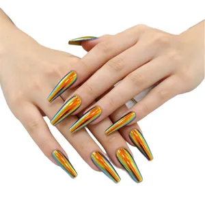 Faux ongles cercueil longs avec dégradé orange aurore métallique et effet miroir