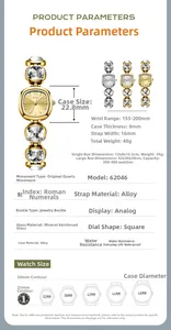 Macro view of gold-plated square watch case and crystal-encrusted bracelet detail