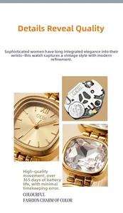 Detail of luxury quartz watch featuring a square gold dial and faceted gemstone inlay