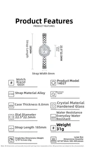 Fiche technique détaillée de la montre à quartz GEDI avec dimensions et spécifications