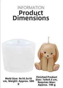 Detailed dimensions for 3D rabbit silicone mold showing mold size and candle weight