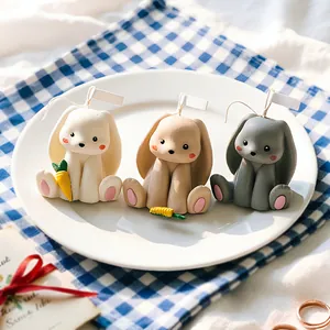 3D bunny silicone mold for candle making, featuring cream, mocha, and grey rabbit designs