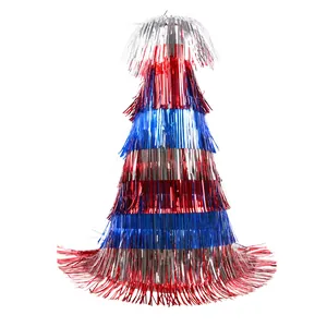 Red blue and silver tiered metallic fringe centerpiece for patriotic party decorations