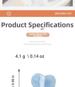 Paramètres de la pince à cheveux cœur bleu montrant la taille 2,5 cm et le poids 4,1 g