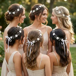 Detail of white ceramic flower headband with pearls and silk ribbon for wedding hair