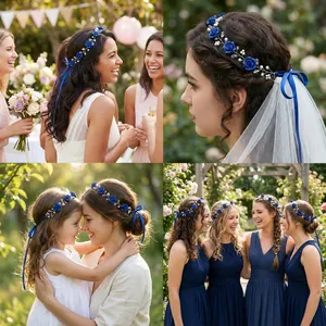 Detail of floral headband with blue roses and pearls worn by mother and daughter
