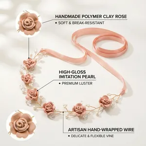 Detail of handmade polymer clay roses and high-gloss imitation pearls on floral headband