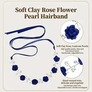 Handmade blue clay flower headband with pearls and silk ribbons for elegant hair styling