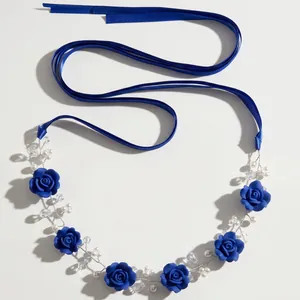 Handmade navy blue satin hairband with clay roses, pearls and crystal accents