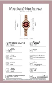 Spécifications de la montre quartz en alliage or rose avec cadran cristal et bracelet mesh
