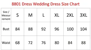 Detailed size chart for lace bridal dress 8801 showing bust and waist measurements