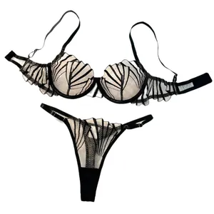 French style sexy deep V lingerie set with black embroidery and underwire bra