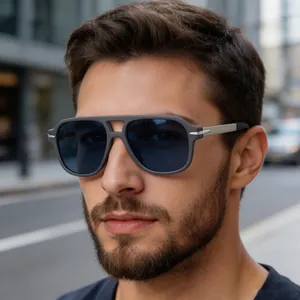 Detail of square polarized sunglasses with silver arrow inlay and matte grey frames