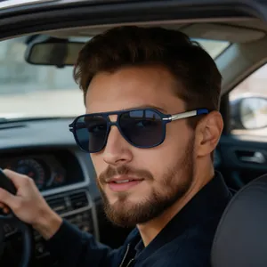 Classic double-bridge polarized sunglasses for men shown in a car driving scenario