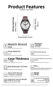 Détails de la montre à quartz GEDI avec cadran de 39,7mm et bracelet cuir marron