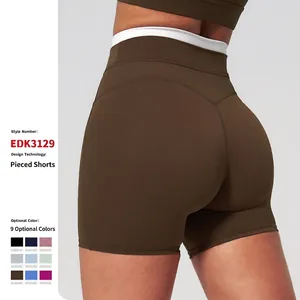 Short de Yoga Taille Haute Couleur Contrastée pour Femmes Côtelé Sensation Nue Serré Sports Fitness Course Entraînement Gym