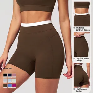 Short de yoga femme à taille haute avec ceinture contrastée côtelée marron café
