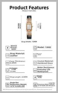 Détails techniques montre GEDI rectangulaire avec perles et bracelet en cuir noir