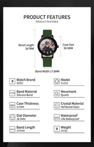 Detailed specifications of quartz watch with green silicone strap and 38.5mm black case