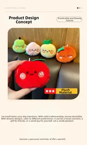 Close-up of adorable plush fruit keychains with cute embroidered expressions