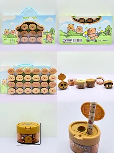 Detail view of double-hole Capybara pencil sharpener with protective flip cover