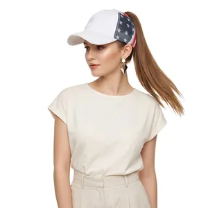 Casquette de baseball blanche pour queue de cheval avec broderie drapeau américain
