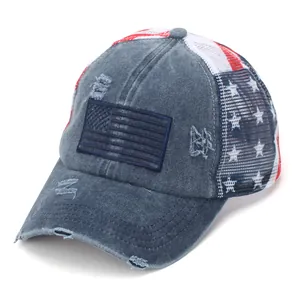Casquette de baseball drapeau USA délavée en denim et mesh blanc respirant