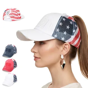 Casquette De Baseball Femme Queue De Cheval Coton Lavé Mesh Drapeau Américain Étoiles Vintage Chapeau Soleil Réglable