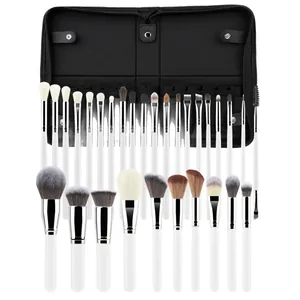 Professional 32-piece makeup brush set with white handles and black zippered case