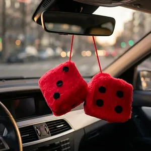 Pair of red plush dice car mirror hanging ornaments with black dots and red string
