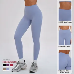 Leggings de yoga taille haute bleu clair sans couture frontale avec effet push-up fessier