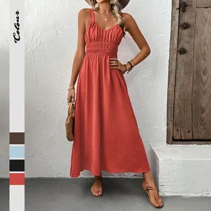 Robe Maxi pour Femmes Col en V Sans Manches Taille Smokée Été Texturé Couleur Unie Bohème Vacances Robe Longue