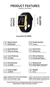 Digital sports watch detail showing technical dimensions and soft silicone strap features