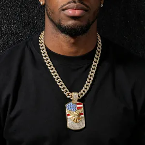 Collana con Pendente Aquila Bandiera Americana Hip Hop Iced Out Uomo Colore Oro Argento Strass Catena Cubana Gioielli