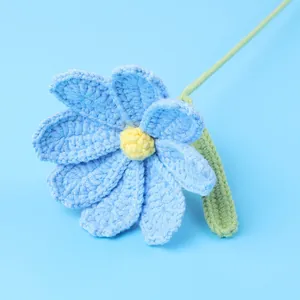 Handmade light blue crochet rose flower bouquet with yellow center for home decor