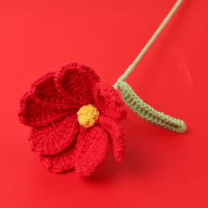 Handmade red crochet rose flower with green leaf for home decor and gifts