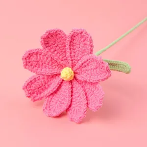 Handmade crochet pink rose flower with green leaves and stem for home decor gifts