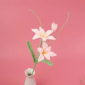 Handmade crochet pink lily bouquet with ceramic vase for home decor gift
