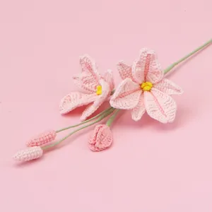 Handmade crochet pink flower bouquet with two blossoms and three buds for home decor