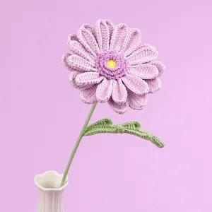 Handmade crochet light purple gerbera daisy flower bouquet in a white ceramic vase