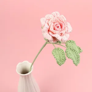 Handmade crochet pink rose flower in white vase for home decor gifts