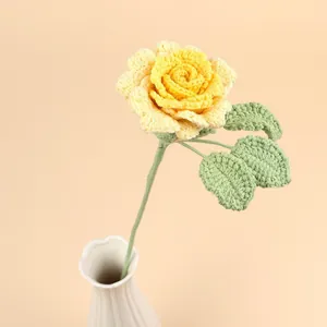Handmade crochet yellow rose bouquet in white ceramic vase for home decor